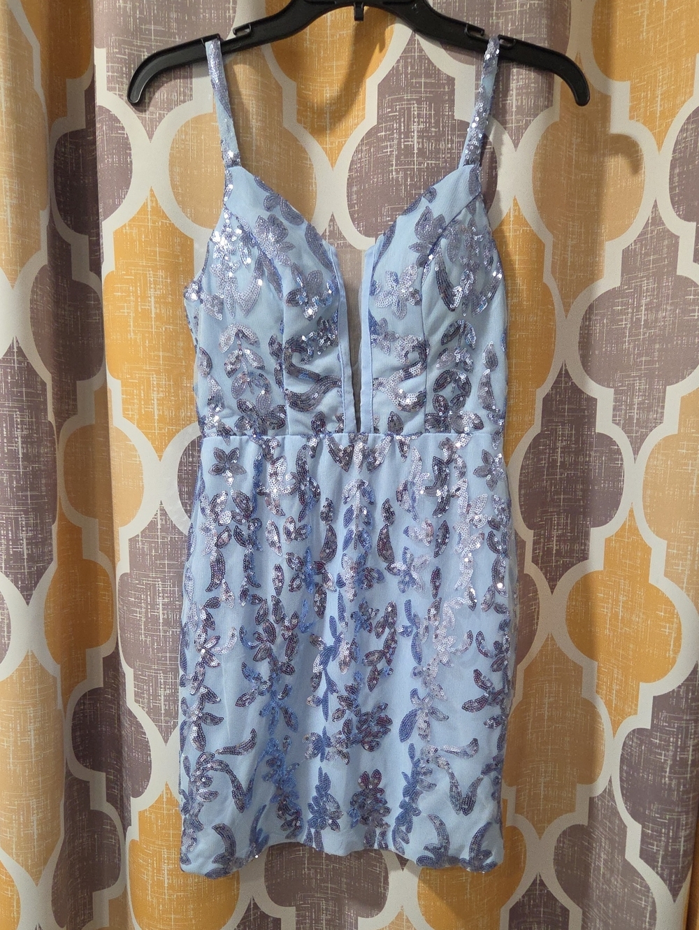 Light Blue Sequin Floral Mini Dress with V-Neck